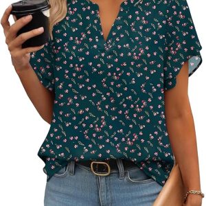 Zeagoo Womens Dressy Casual Chffon Shirts Short Sleeve V Neck Work Blouse | Flowy Business Casual Tops, Petal Sleeves, Double Layer, Office, Teacher, Interview Outfits for Spring, Summer