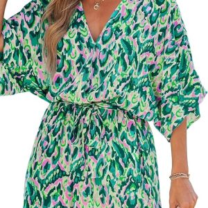 CUPSHE Summer Rompers for Women 2026 V Neck Beach Outfits | Half Batwing Sleeve, Loose Fit, Belted Waist Dressy Casual, Wide Leg Mini Jumpsuit, One Piece Vacation Playsuit, Resort Wear