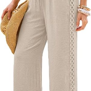 Sampeel Wide Leg Palazzo Pants for Women Flowy Lace Elastic Waist with Pockets Summer Vacation Outfits