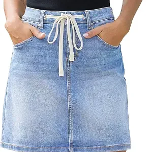Sidefeel Women's Jean Skirt High Waist Drawstring Stretchy Casual Summer Loose Fit Trendy Mini Denim Skirt with Pockets