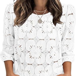 Sampeel Women Blouses Dressy Casual 3/4 Length Sleeve Tops Eyelet Lace Spring Summer Shirts Beach Vacation Clothes