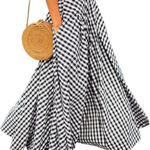 Women's Gingham Plaid Maxi Skirt High Waist A-Line Pleated Summer Skirt | Classic Vintage Swing Flared Long Skirt Soft Breathable Lightweight Comfy Casual Wear For Daily Outings Beach and Vacation