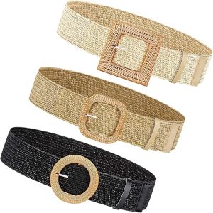 Handwoven Straw Belts for Women - Stretchy Braided Raffia Waist Belt for Dresses, Boho Rattan Belt