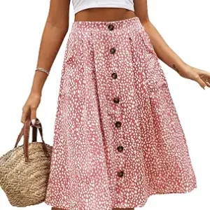 Womens Summer Skirts Casual Front Button A-Line High Waisted Midi Skirt with Pockets