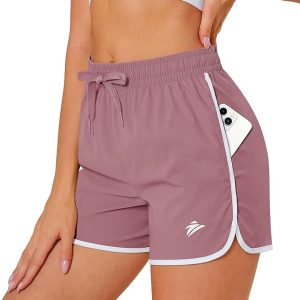 MAGCOMSEN Women‘s Athletic Shorts Running Workout Gym Pockets Quick Dry | Nylon, Sports, Lightweight, Dolphin, Casual, Soccer, Basketball, Exercise, Active, Travel, Work, 4 Way-Stretch, No liner