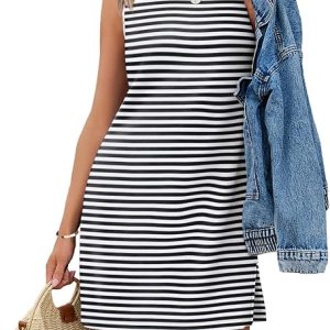 WIHOLL Casual Dresses for Women Crewneck Sleeveless Tank Dress Summer Spring Boho Vacation Clothes