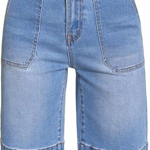 Sidefeel Womens Bermuda Jean Shorts High Waisted Denim Shorts | Double Button Closure, Tummy Control, Practical Patch Pockets, Stretchy, Cute and Comfy, Above the Knee Length, Retro Style