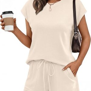 ANRABESS Womens Waffle Knit 2 Piece Short Sets Cap Sleeve Summer 2026 Matching Lounge Outfits Travel Beach Vacation Sweatsuit