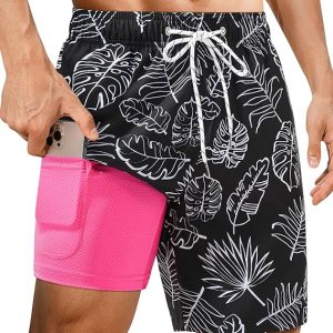 Gleeease Mens Swim Trunks with Compression Liner Mens Bathing Suit 7 Inch | Swim Shorts Men 4 Pockets Quick Dry 4-Way Stretch Breathable Comfort Beach Swim UPF 40+ Drawstring No-chafe Shark Swim Trunks