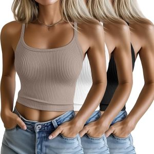 Ficerd 3 Pack Womens Cotton Cropped Ribbed Tank Top | Spaghetti Strap Camisole, Slim Fitted Bras Cami, Basic Sleeveless Layering Shirts, Summer Casual Cute Clothes, Gym Clothing