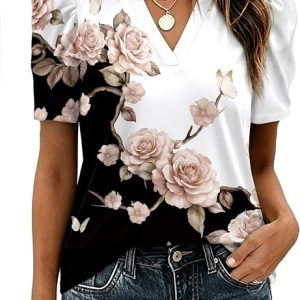 Zeagoo Women Blouses Puff Short Sleeve Tops V Neck Dressy Casual Spring Shirts Boho Floral Cute Clothes 2026