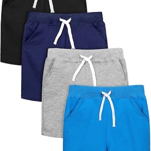 Resinta 4 Pack Toddler Boy Shorts Boys Cotton Shorts Soft Casual Elastic Waist with Pockets Drawstring Kids Summer Clothes