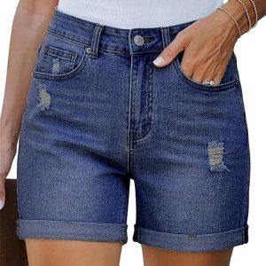 Bosmeer Women's Mid-High Waisted Ripped Denim Shorts Distressed Stretchy Jean Shorts Rolled Hem Casual Summer Jorts