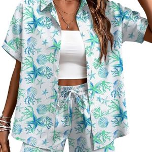 LOMON Women's 2 Piece Short Sets Hawaiian Vacation Tropical Print Outfits | Hawaii Short Sleeve Shirts & Print Short Sets, Two Piece Beach Cover ups Outfit for Luau Travel Resort Wear