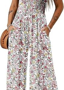 Dokotoo Women's Loose Overalls Jumpsuits One Piece Sleeveless Rompers | Boho Printed Jumpsuit, Sleeveless Wide Leg Jumpsuits for Women, Womens Summer Outfits, Square Neck,Loose Fit Casual Long Pant
