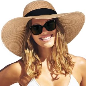 FURTALK Womens Sun Straw Hat Wide Brim Floppy Summer Beach Hats for Women | Extra Wide Floppy Brim, Tightly Woven Paper Straw, Foldable Shape Retention, Adjustable Chin Strap, Ideal for Vacation