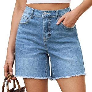 Vetinee Jean Shorts for Women High Waisted Raw Hem Mid Thigh Denim Shorts | Stretchy Trendy Denim Shorts, 7 Inch Inseam, 5 Basic Pockets, Casual Summer Jorts with Pockets, Vacation Outfits for Women