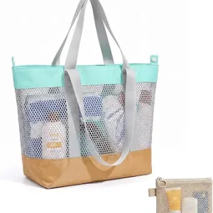 HAWILAND Mesh Beach Bag for Women, Large Beach Tote with Pouch, Sandproof Foldable Mesh Pool Swim Bag Family Summer Travel