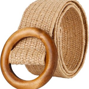Women Woven Rattan Wide Stretch Straw Belt