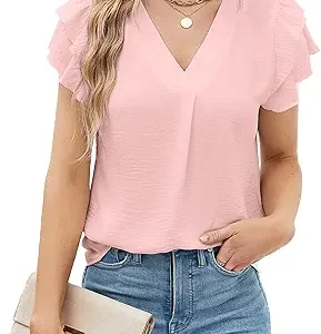 Blooming Jelly Womens Dressy Casual Shirts Work Blouse Business Casual Tops | Lightweight Stretch Fabric, V Neck Flutter Short Sleeves for Summer Office, Teachers & Daily Wear