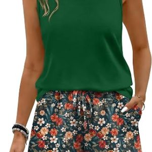 WIHOLL Two Piece Sets for Women Summer Lounge Short Sets Tank Square Neck Sleeveless Sweatsuit with Pocket