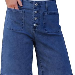 luvamia Bermuda Shorts for Women Jean High Waisted Trendy Patch Pockets Casual Summer Button Fly Stretchy Denim Shorts
