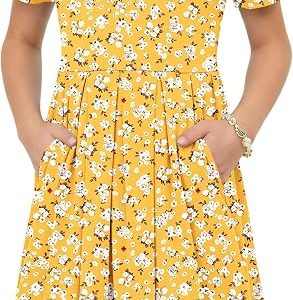 Girls Summer Short Sleeve Dress Kid Crew Neck Dress with Pockets 5-16 Years | Casual pleated cute dress, Loose A line swing knee length dress, two side pockets, Perfect for school and beach