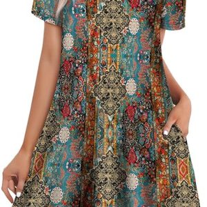 WIHOLL Boho Summer Dresses for Women Casual Loose T Shirt Dress with Pockets Beach Vacation Outfits S-4XL