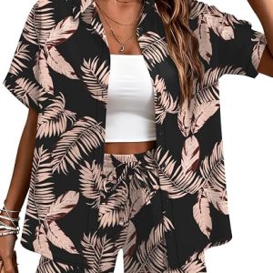 LOMON Women's 2 Piece Short Sets Hawaiian Vacation Tropical Print Outfits | Hawaii Short Sleeve Shirts & Print Short Sets, Two Piece Beach Cover ups Outfit for Luau Travel Resort Wear