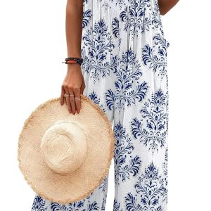 Ekouaer Women's Overalls Boho Summer Jumpsuits Cute Casual Outfits Rompers | Wide Leg Overalls for Women Loose Fit, Cruise Outfits Floral Printed Baggy Rompers, Vacation Beach Clothes with Pockets