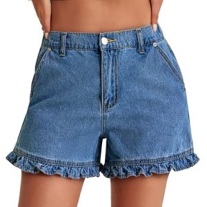 Aoysky Womens Summer Ruffle Denim Shorts Cute High Waisted Cotton Short Jeans with Pockets