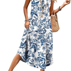 WIHOLL Summer Dresses for Women 2026 Button Front Sleeveless Casual Midi Dress Beach Vacation Sundresses with Pockets