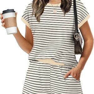 WIHOLL Two Piece Sets for Women Summer Lounge Short Sets Cap Sleeve Crew Neck Sweatsuit with Pocket XS-2XL