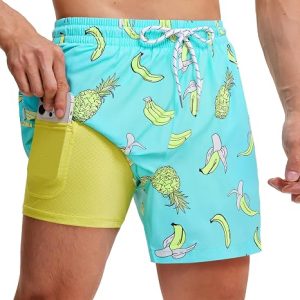 5 inch Mens Swim Trunks with Compression Liner Quick Dry Mens Bathing Suit | Lining Lined Mens Swim Shorts 2 in 1 No Chafe 4 Way Stretch Water Resistant Breathable Funny Surfing Fishing Mens Swimsuit