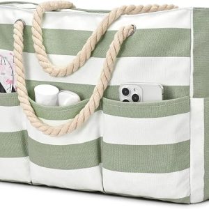 Becokan Beach Bags for Women Canvas Large Beach Tote Bag Zipper Waterproof Sandproof Foldable Swim Pool Bag with 7 Pockets