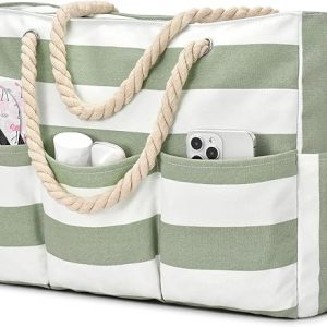Becokan Beach Bags for Women Canvas Large Beach Tote Bag Zipper Waterproof Sandproof Foldable Swim Pool Bag with 7 Pockets