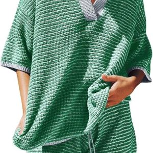 Tankaneo Womens Sweater Set 2 Piece Outfits 3/4 Sleeve Tops Shorts Lounge | Knit V Neck High Waisted Oversized Sets