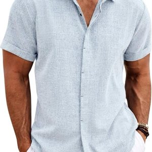 COOFANDY Men's Linen Shirts Short Sleeve Casual Shirts Button Down Shirt for Men Beach Summer Wedding Shirt