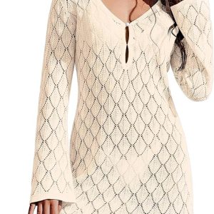 Ekouaer Swimsuit Coverup for Women Crochet Beach Cover Up Hollow Out Long Sleeve Cover Ups 2026 Summer Vacation Outfits