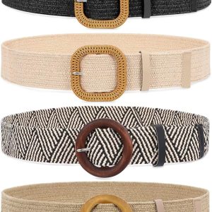 WHIPPY Set of 3/4 Straw Woven Elastic Stretch Waist Belts for Women, Fashion Boho Ladies Braided Skinny Dress Belt