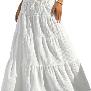 DERAX Women's Boho Flowy White Maxi Skirt Ruffle Elastic Waist Long Skirts | Flared, Summer, A Line, High Waisted, 2026 Spring, Fall, Drawstring, Casual, Beach, Vacation, Midi Skirt with Lining