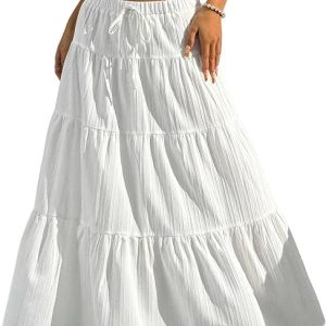 DERAX Women's Boho Flowy White Maxi Skirt Ruffle Elastic Waist Long Skirts | Flared, Summer, A Line, High Waisted, 2026 Spring, Fall, Drawstring, Casual, Beach, Vacation, Midi Skirt with Lining