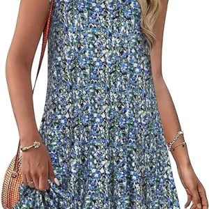 Womens Summer Dresses Casual V Neck Sleeveless Pockets Beach Loose Sundress | 2026 Loose Tank Sun dres with pockets, Casual Beach Cover Up, Fashion Vacation Outfits, Tshirt Floral Boho A-Line Flow Dress