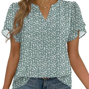 Zeagoo Womens Dressy Casual Chffon Shirts Short Sleeve V Neck Work Blouse | Flowy Business Casual Tops, Petal Sleeves, Double Layer, Office, Teacher, Interview Outfits for Spring, Summer