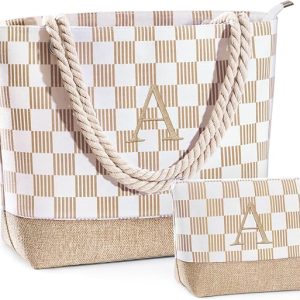 YOOLIFE Birthday Gifts for Women Beach Bag Initial Beach Tote Work Bags | Birthday Gifts for Women Mom Wife Sister Friend Bridesmaid Daughter, Canvas Checkered Beach Tote Pool Bags Travel Essentials
