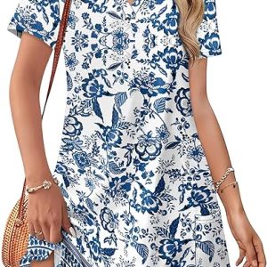 WIHOLL Summer Dresses for Women Casual V Neck Wedding Guest Dress Hawaiian Midi Dress Fashion Beach Vacation Clothes