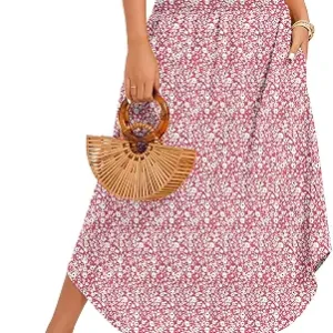 Women's Maxi Skirts Smocked High Waisted Boho Floral Flowy Long Skirt with Pockets 2026 Summer Beach Vacation Clothes