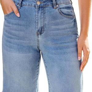 luvamia Jean Bermuda Shorts for Women Trendy Mid Rise Raw Hem Knee Length Stretchy Denim Long Shorts Summer Casual Jorts