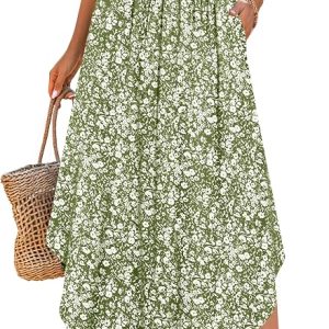 ANRABESS Women's Maxi Skirts Summer Boho Floral High Waisted Flowy Swing Pleated Beach Long Skirt with Pockets