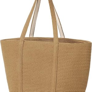 Straw Bag, Beach Bag Straw Beach Bags for Women Beach Tote | Foldable Packable Beach Tote Lightweight Khaki Shoulder Handbags